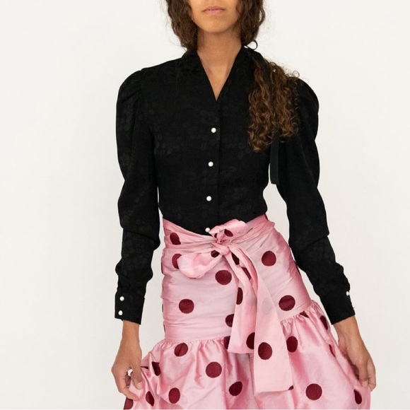 Batsheva Tops - BATSHEVA | Black Silk Floral Long Sleeve Pearl Button Button Down Blouse Top